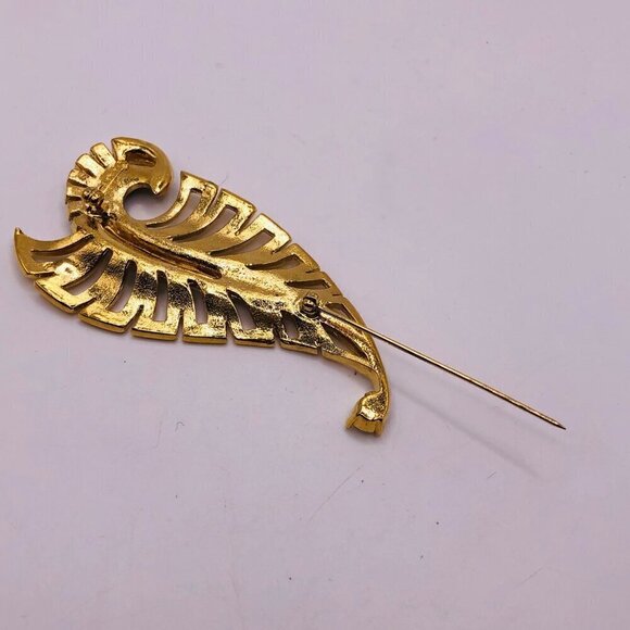 Vintage Nina Ricci Brooch Rhinestones Gold Tone Leaf 3" Classic Collectible - Picture 5 of 8
